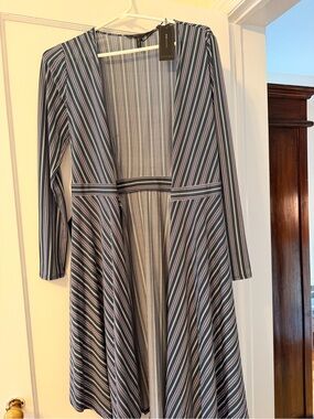 BCBGMaxAzria Navy and White Striped Long-Sleeve Fit-and-Flare Dress